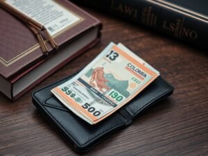 detener-embargo-sueldo.jpg » Montenegro Asociados » Montenegro Asociados Colombian banknotes tucked in a black wallet on a wooden desk, with two books nearby.