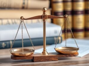 diferencias-insolvencia-bancarrota.jpg » Montenegro Asociados » Montenegro Asociados Scales of justice on a wooden base with legal books in the background, symbolizing law and fairness.