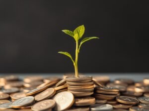 evitar-sobreendeudamiento.jpg » Montenegro Asociados » Montenegro Asociados Young plant sprouting from a stack of coins, symbolizing financial growth or investment.