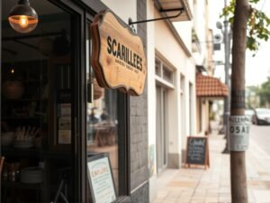 insolvencia-comerciantes-colombia.jpg » Montenegro Asociados » Montenegro Asociados Wooden scalloped sign reading SCARILLES hangs outside a cafe along a tree-lined sidewalk, with a chalkboard sign nearby and warm interior lighting showing plates inside.