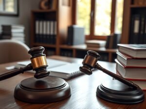 insolvencia-persona-natural-colombia.jpg » Montenegro Asociados » Montenegro Asociados Two gavels on a wooden desk with stacks of books in a law office setting.