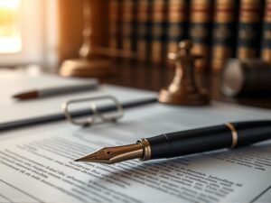 insolvencia-persona-natural-no-comerciante.jpg » Montenegro Asociados » Montenegro Asociados Fountain pen resting on a contract with a gavel and law books in soft focus in the background.