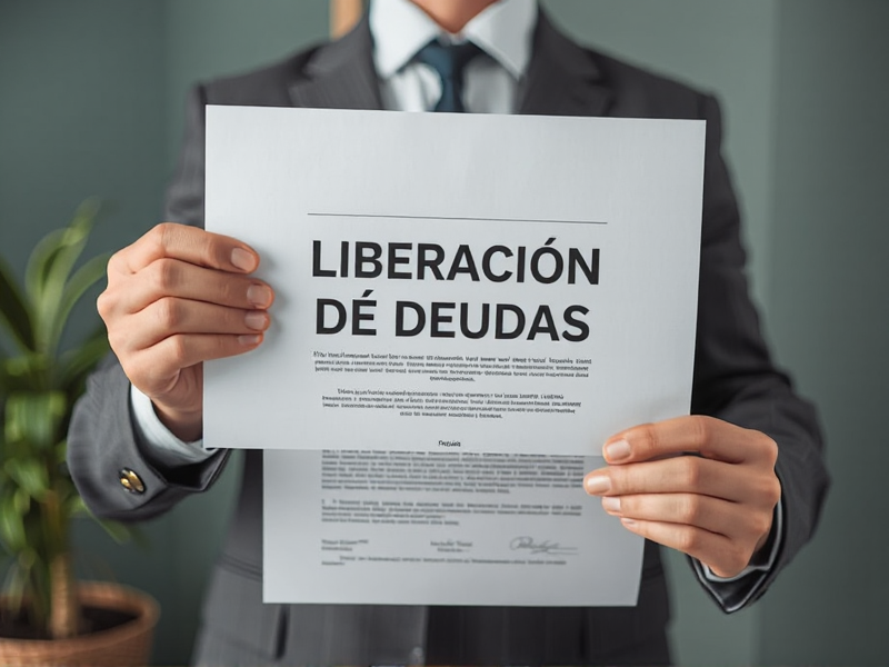 insolvencia-personas-naturalesjpg » Montenegro Asociados Person in a suit holding a document that reads 'LIBERACIÓN DE DEUDAS' (debt relief) front and center.