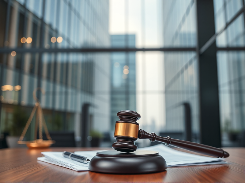 Gavel on a wooden desk with documents in a modern office, scales of justice blurred in the background.