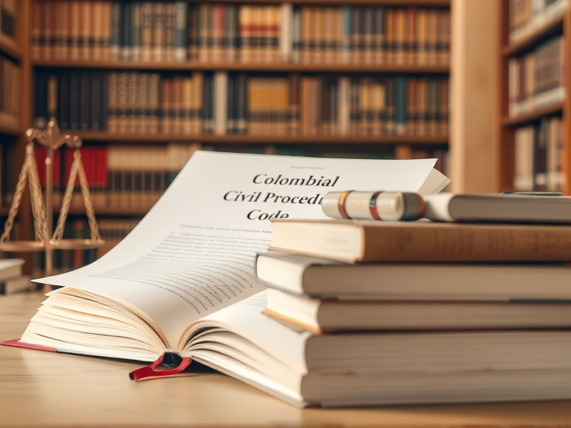 ley-1564-insolvencia-economicajpg » Montenegro Asociados Open page of the Civil Procedure Code with a red bookmark on a desk, beside a stack of law books in a library setting; scales of justice in the background.