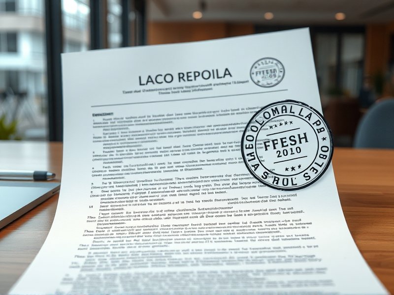 ley-2445-reforma-insolvenciajpg » Montenegro Asociados Document on a wooden desk with a bold heading that reads 'LACO REPOILA' and a large circular 'FRESH 2010' stamp overlapping the page, blurred background officeside.