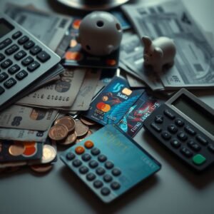 deudas-tarjetas-credito » Montenegro Asociados » Montenegro Asociados Pile of cash, credit cards, coins, and a calculator on a desk, illustrating personal finances and budgeting.