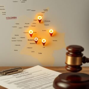 insolvencia-cobertura-nacional » Montenegro Asociados » Montenegro Asociados Map of Colombia with glowing location pins, a wooden judge's gavel in the foreground, and a legal document on a desk, suggesting legal matters by region.