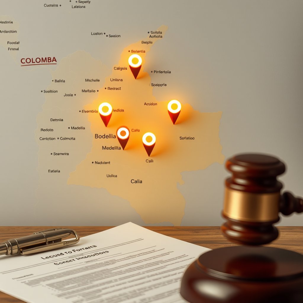 Map of Colombia with glowing location pins, a wooden judge's gavel in the foreground, and a legal document on a desk, suggesting legal matters by region.