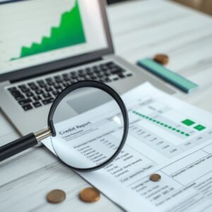 insolvencia-datacredito » Montenegro Asociados » Montenegro Asociados Magnifying glass over a credit report on a desk, with a laptop showing a green chart in the background and coins nearby.