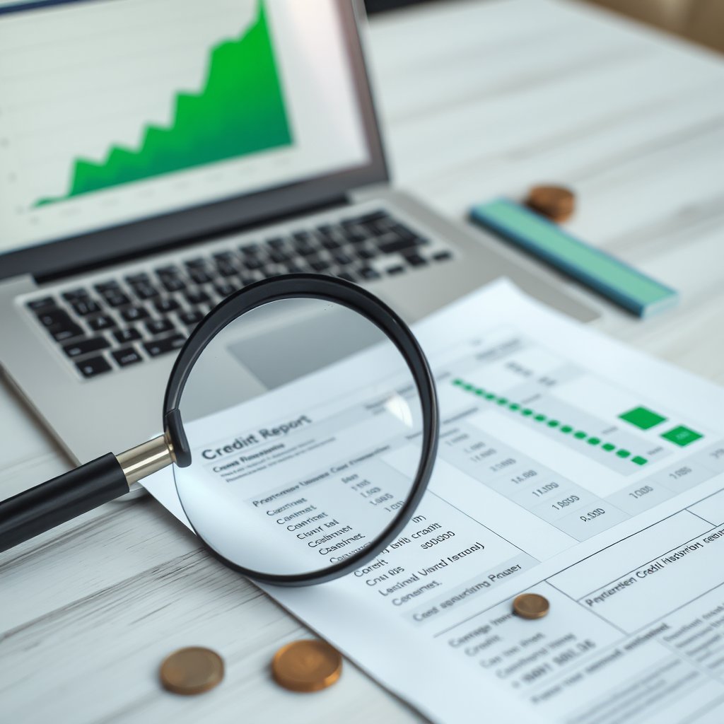 Magnifying glass over a credit report on a desk, with a laptop showing a green chart in the background and coins nearby.