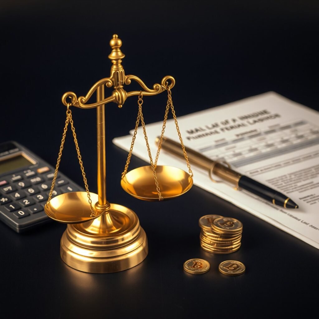 Gold balance scales with coins nearby, legal documents, and a calculator suggesting financial law or justice costs deep focus on balance of costs and justice.