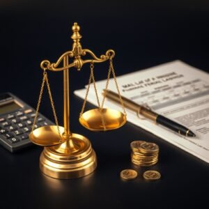 ley-insolvencia-colombia-2026 » Montenegro Asociados » Montenegro Asociados Gold balance scales with coins nearby, legal documents, and a calculator suggesting financial law or justice costs deep focus on balance of costs and justice.