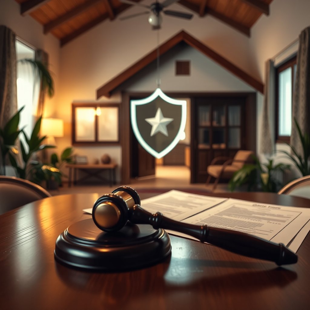 Gavel resting on a wooden desk with papers, in a law office, a glowing shield emblem visible in the doorway behind.