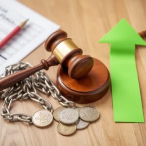 salir-deudas-colombia » Montenegro Asociados » Montenegro Asociados Gavel with chain and coins on a desk, suggesting legal financial penalties or sanctions, with a green upward arrow in the background.