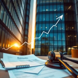 salvar-empresa-ley-1116 » Montenegro Asociados » Montenegro Asociados Gavel and legal documents on a desk with a rising graph overlay, symbolizing growth in a legal or business context in front of a glass office building.