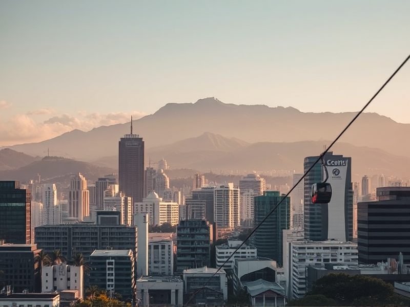 City skyline at sunset with a cable car suspended on a diagonal cable against distant mountains.
