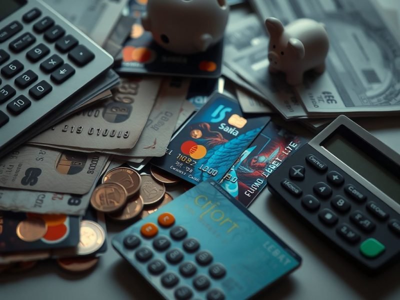 Pile of cash, credit cards, coins, and a calculator on a desk, illustrating personal finances and budgeting.