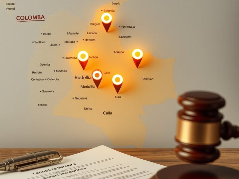 Map of Colombia with glowing location pins, a wooden judge's gavel in the foreground, and a legal document on a desk, suggesting legal matters by region.