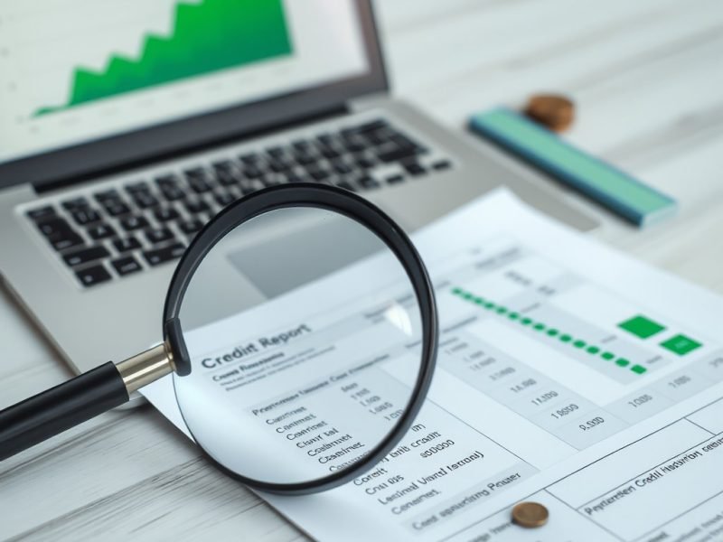 Magnifying glass over a credit report on a desk, with a laptop showing a green chart in the background and coins nearby.