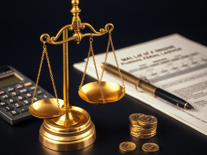 Gold balance scales with coins nearby, legal documents, and a calculator suggesting financial law or justice costs deep focus on balance of costs and justice.
