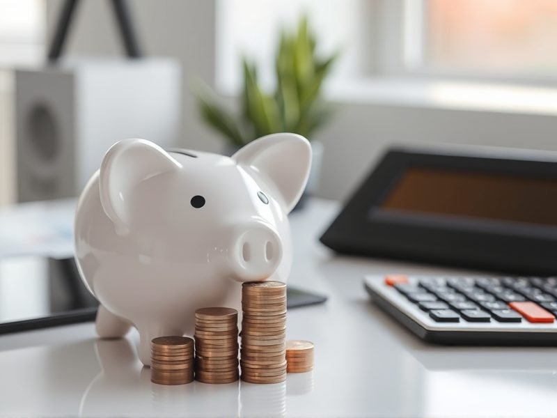 White piggy bank with stacked coins, symbolizing savings, on a desk near a calculator and plant.