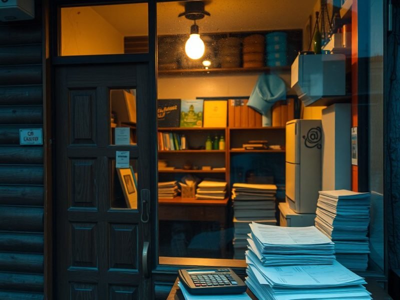 Cluttered office seen through a glass door: stacks of papers on a desk with a calculator, warm interior light.