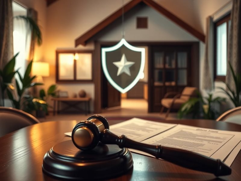 Gavel resting on a wooden desk with papers, in a law office, a glowing shield emblem visible in the doorway behind.