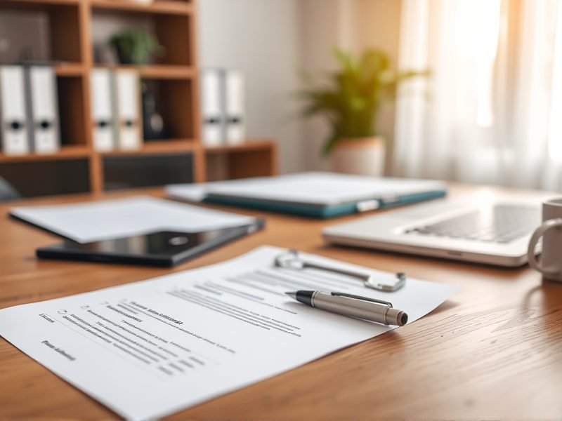 Desk with printed documents, a pen, laptop, and smartphone on a wooden surface in a bright office. Background shows shelves and a plant.