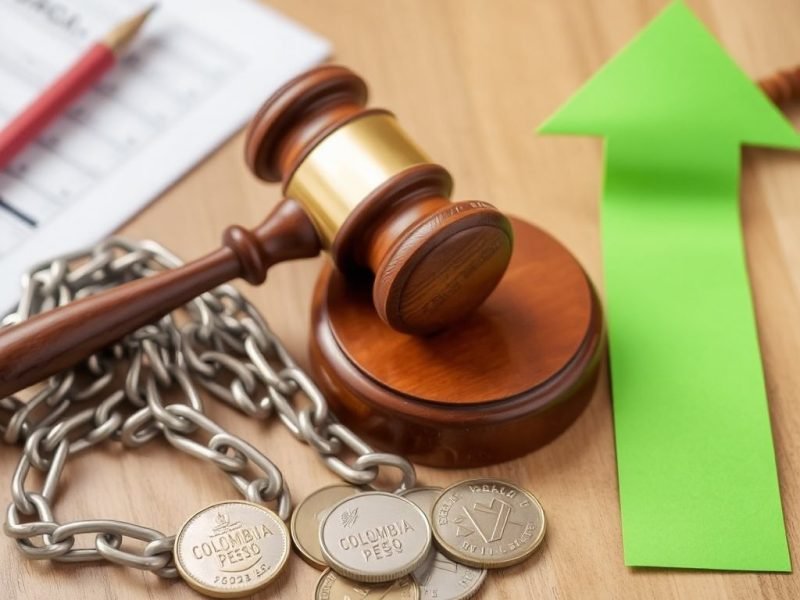 Gavel with chain and coins on a desk, suggesting legal financial penalties or sanctions, with a green upward arrow in the background.