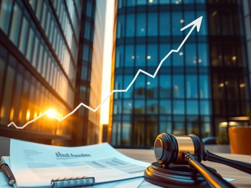 Gavel and legal documents on a desk with a rising graph overlay, symbolizing growth in a legal or business context in front of a glass office building.